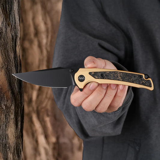 Wixco Scort WX14-B - 3.6" 14C28N Black PVD Blade, Gold Aluminium with Gold Shredded Carbon Fibre Handle