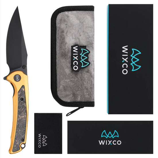 Wixco Scort WX14-B - 3.6" 14C28N Black PVD Blade, Gold Aluminium with Gold Shredded Carbon Fibre Handle