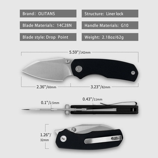 Olitans G057-BW - 2.36" 14C28N Satin Blade, Black G10 Handle