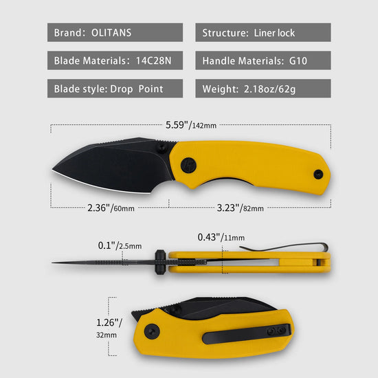 Olitans G057-YB - 2.36" 14C28N Black Blade, Yellow G10 Handle
