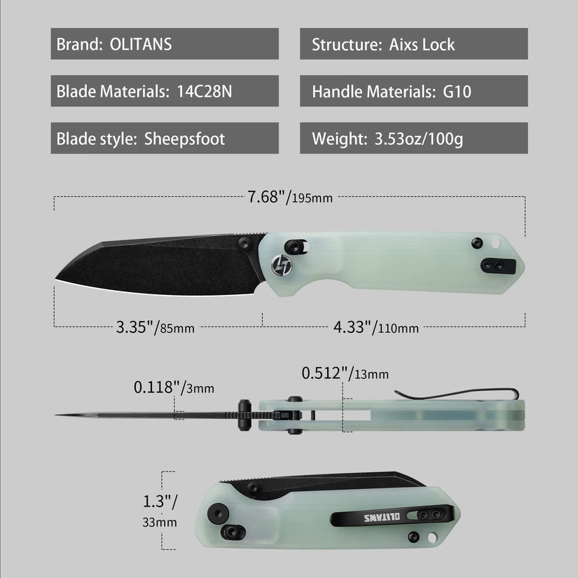 Olitans King Penguin G062-JB - 3.35" 14C28N Black Blade, Jade G10 Handle