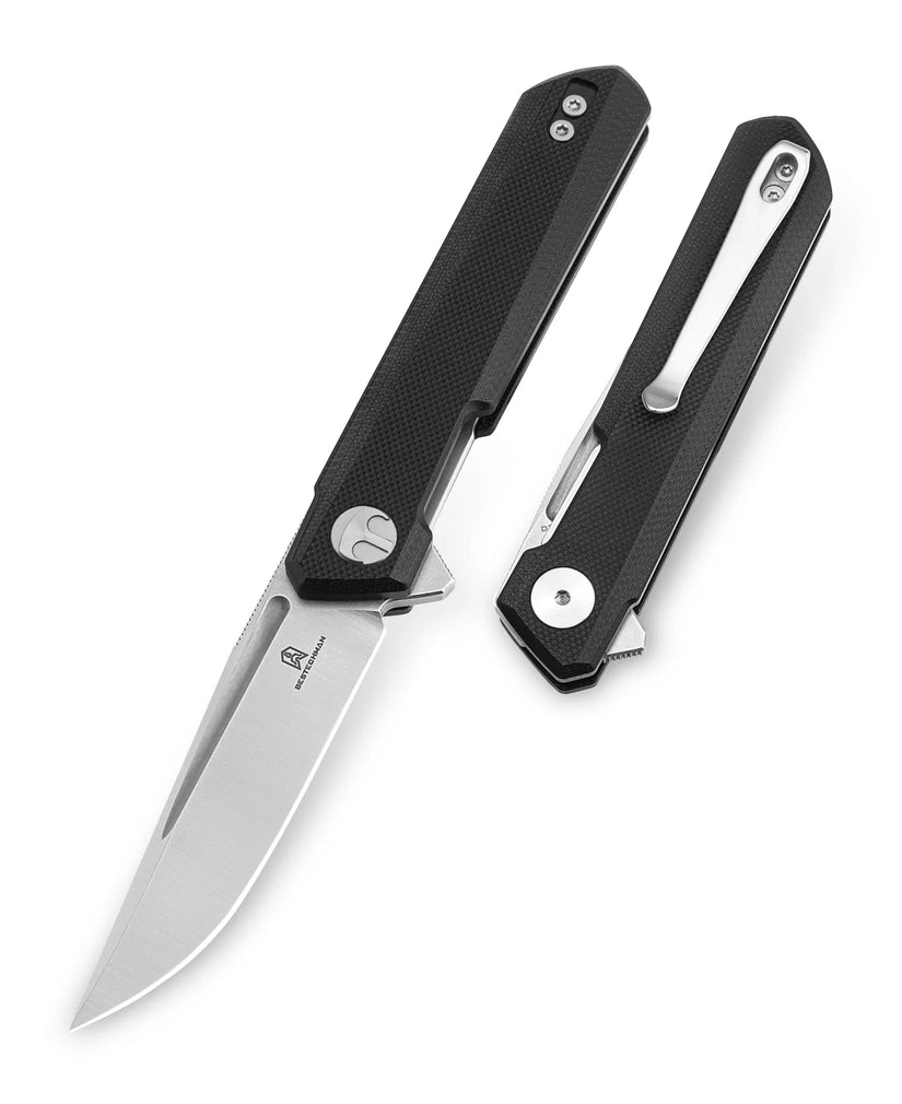 Bestechman Mini Dundee BMK03A - 2.92" D2 Satin Stonewash Blade, Black G10, Flipper