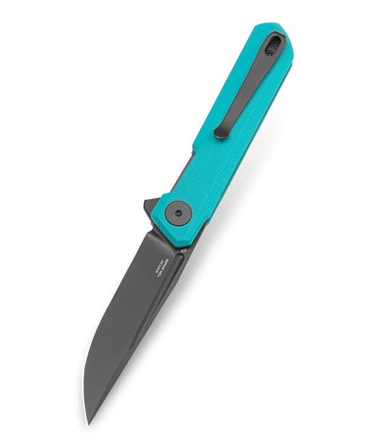 Bestechman Mini Dundee BMK03E - 2.92" D2 Grey DLC Blade, Light Blue G10, Flipper