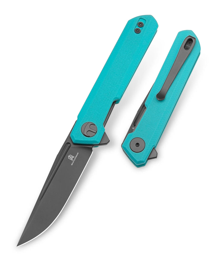 Bestechman Mini Dundee BMK03E - 2.92" D2 Grey DLC Blade, Light Blue G10, Flipper