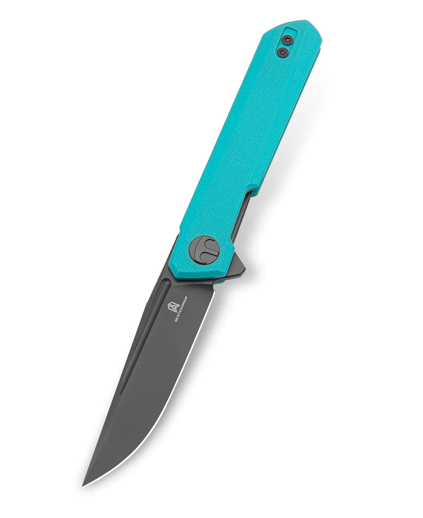 Bestechman Mini Dundee BMK03E - 2.92" D2 Grey DLC Blade, Light Blue G10, Flipper