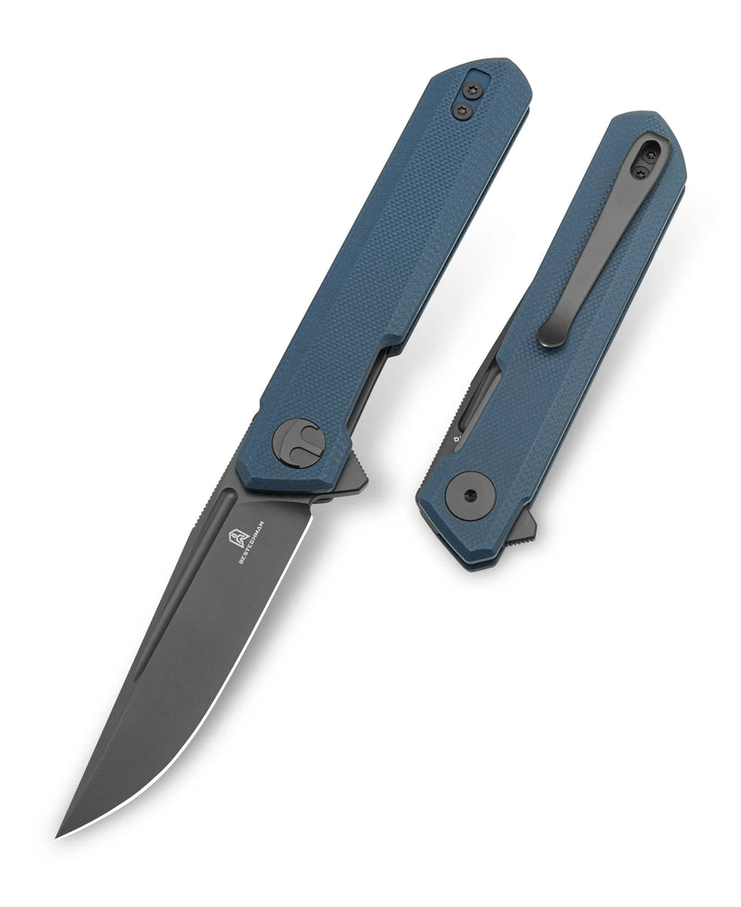 Bestechman Mini Dundee BMK03F - 2.92" D2 Grey DLC Blade, Blue Grey G10, Flipper