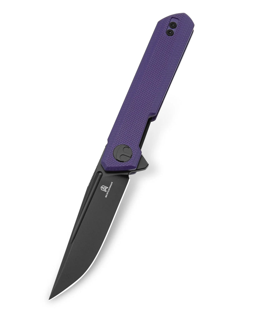 Bestechman Mini Dundee BMK03J - 2.92" D2 Black DLC Blade, Purple G10, Flipper