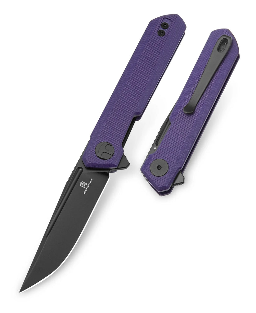 Bestechman Mini Dundee BMK03J - 2.92" D2 Black DLC Blade, Purple G10, Flipper