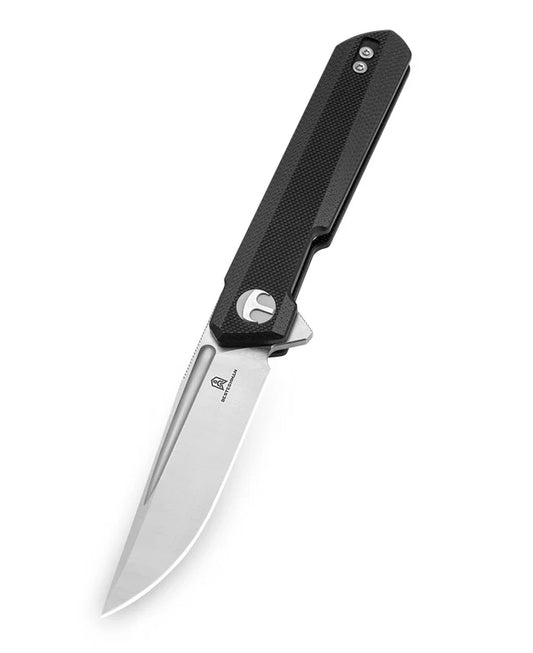 Bestechman Mini Dundee BMK08A - 2.92" D2 Satin Stonewash Blade, Black G10, Double Detent