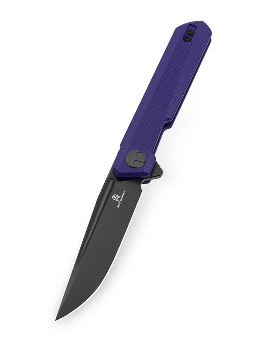 Bestechman Mini Dundee BMK08D - 2.92" D2 Black PVD Blade, Purple G10, Double Detent