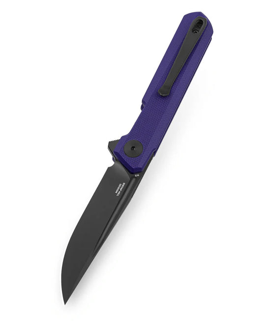 Bestechman Mini Dundee BMK08D - 2.92" D2 Black PVD Blade, Purple G10, Double Detent