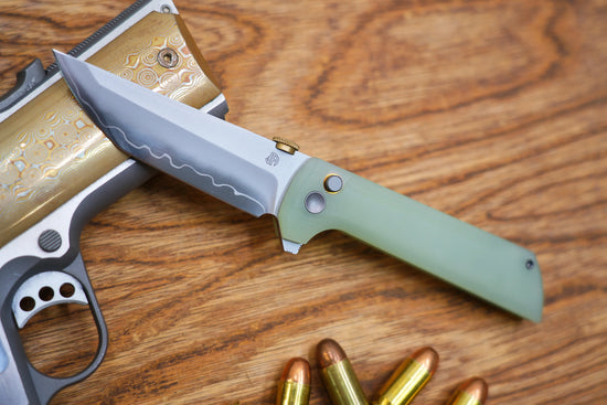 North Mountain Blade Chop 2 G10 Thumb Disk - 3.4" SLD-Magic Steel San Mai Tanto Blade, Jade G10 Handle