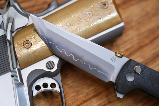 North Mountain Blade Chop 2 G10 Thumb Disk - 3.4" SLD-Magic Steel San Mai Tanto Blade, Carbon Fibre Handle