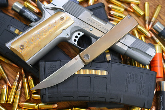 North Mountain Blade Kaiken Bronze - 3.5" M390 Tanto Blade, Titanium Handle