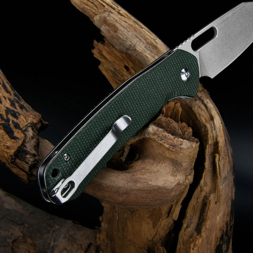 CJRB Pyrite Wharncliffe Green Micarta - 3.11" AR-RPM9 Stonewash Wharncliffe Blade, Green Micarta Handles - J1925AMGN