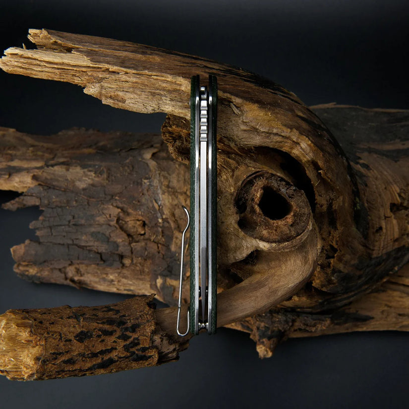 CJRB Pyrite Wharncliffe Green Micarta - 3.11" AR-RPM9 Stonewash Wharncliffe Blade, Green Micarta Handles - J1925AMGN