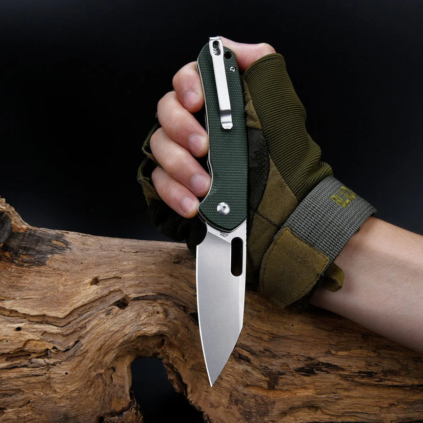CJRB Pyrite Wharncliffe Green Micarta - 3.11" AR-RPM9 Stonewash Wharncliffe Blade, Green Micarta Handles - J1925AMGN