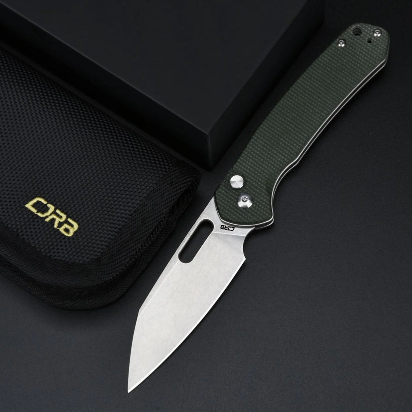 CJRB Pyrite Wharncliffe Green Micarta - 3.11" AR-RPM9 Stonewash Wharncliffe Blade, Green Micarta Handles - J1925AMGN