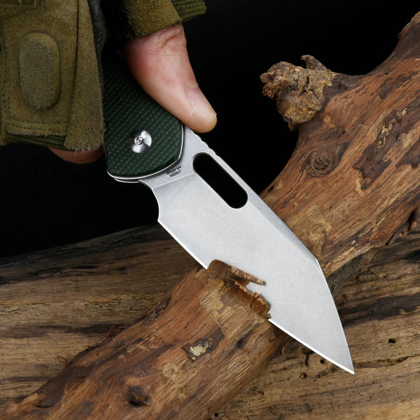 CJRB Pyrite Wharncliffe Green Micarta - 3.11" AR-RPM9 Stonewash Wharncliffe Blade, Green Micarta Handles - J1925AMGN