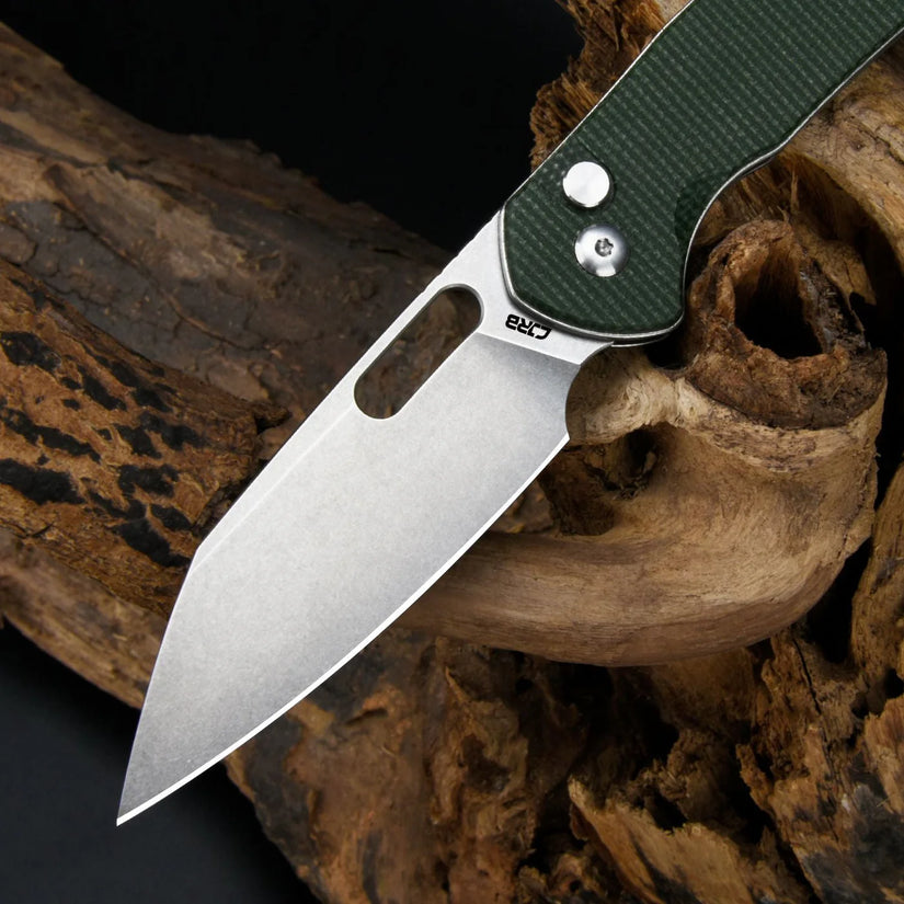CJRB Pyrite Wharncliffe Green Micarta - 3.11" AR-RPM9 Stonewash Wharncliffe Blade, Green Micarta Handles - J1925AMGN