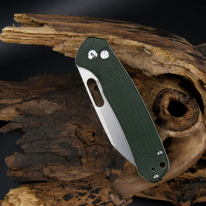 CJRB Pyrite Wharncliffe Green Micarta - 3.11" AR-RPM9 Stonewash Wharncliffe Blade, Green Micarta Handles - J1925AMGN