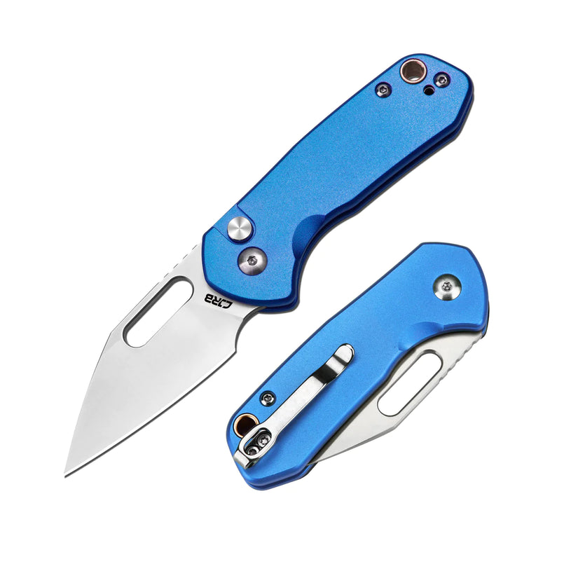 CJRB Mini Pyrite Wharncliffe - 2.17" AR-RPM9 Sandblasted Wharncliffe Blade, Blue Aluminium Handles - J1933BU