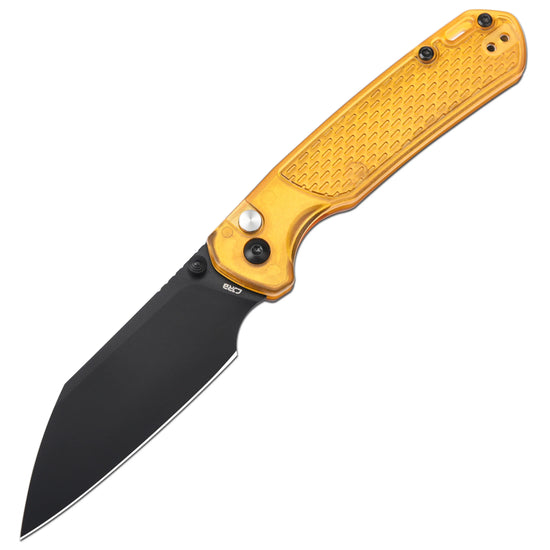 CJRB Pyrite Light - 3.34" AR-RPM9 Black PVD Wharncliffe Blade, Amber FRN Handles - J1945-AMB