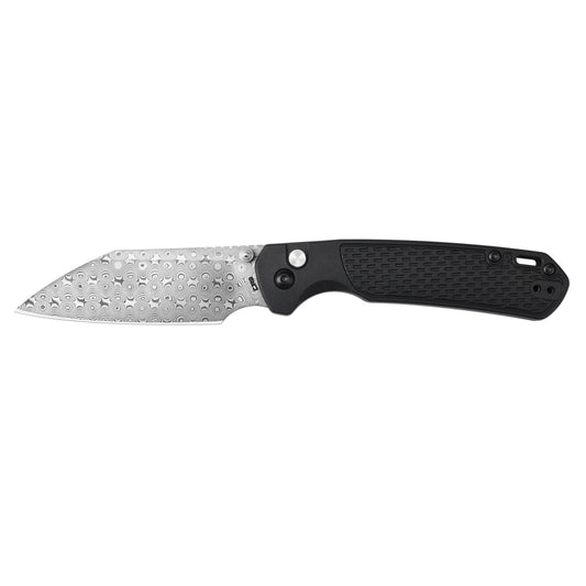 CJRB Pyrite Light - 3.34" Damascus Wharncliffe Blade, Black FRN Handles - J1945-DBK