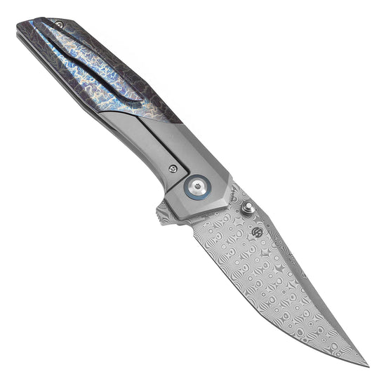 Kansept Deadite - 3.52" Damascus Blade, Beadblasted Titanium with Lightning Strike Finish Handle. K1081A2