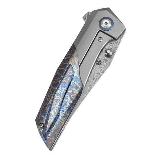 Kansept Deadite - 3.52" Damascus Blade, Beadblasted Titanium with Lightning Strike Finish Handle. K1081A2