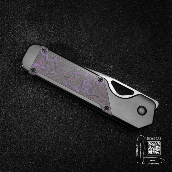 Kizer Militaw - 3.35" S45VN Polished Black DLC Blade, Purple Haze Fatcarbon Titanium Handle - Ki3634A2