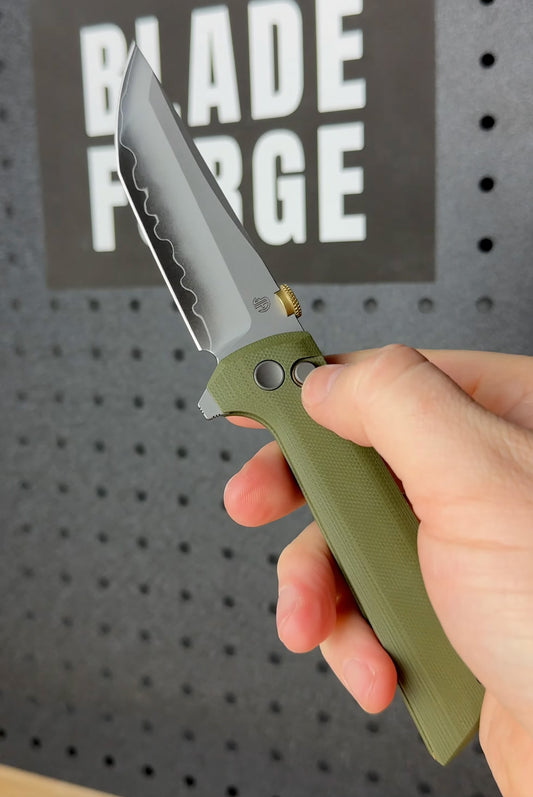 North Mountain Blade Chop 2 G10 Thumb Disk - 3.4" SLD-Magic Steel San Mai Tanto Blade, Green G10 Handle