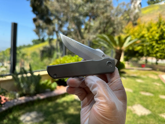 North Mountain Blade Kwaiken Salmon Layered Damascus - 3.4" ZDP-189 Core Steel Drop Point Blade, Titanium Handle