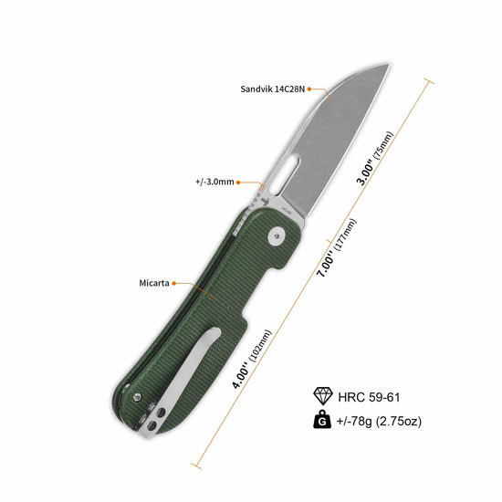 QSP Variant PE - 3" 14C28N Stonewashed Blade, Green Micarta Handle - QS154-D