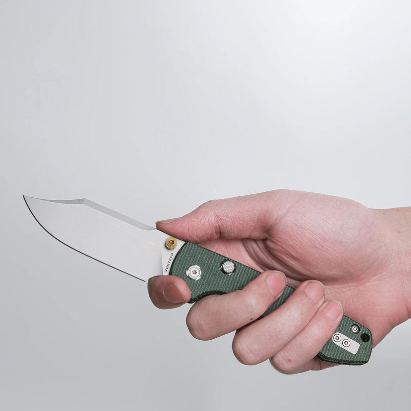 Vosteed Raccoon Bowie Top Liner Lock A2911 - 3.25" 14C28N Stonewashed Blade, Green Micarta Handle