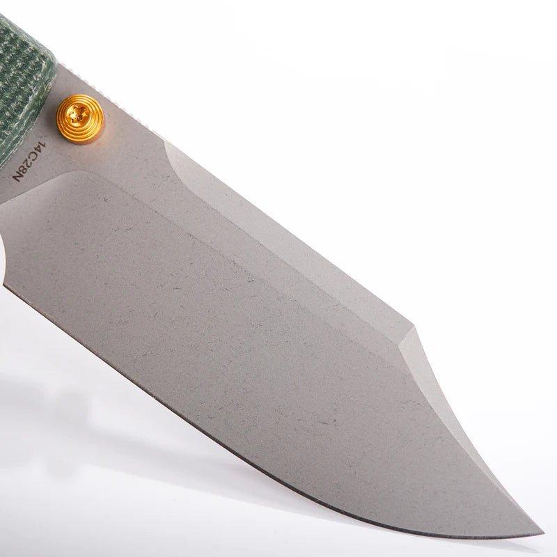 Vosteed Raccoon Bowie Top Liner Lock A2911 - 3.25" 14C28N Stonewashed Blade, Green Micarta Handle