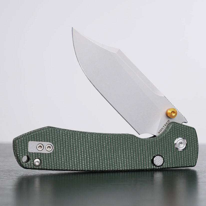 Vosteed Raccoon Bowie Top Liner Lock A2911 - 3.25" 14C28N Stonewashed Blade, Green Micarta Handle