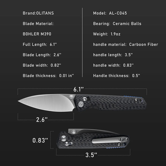 Olitans C045-S - 2.6" M390 Satin Blade, Carbon Fibre Handle