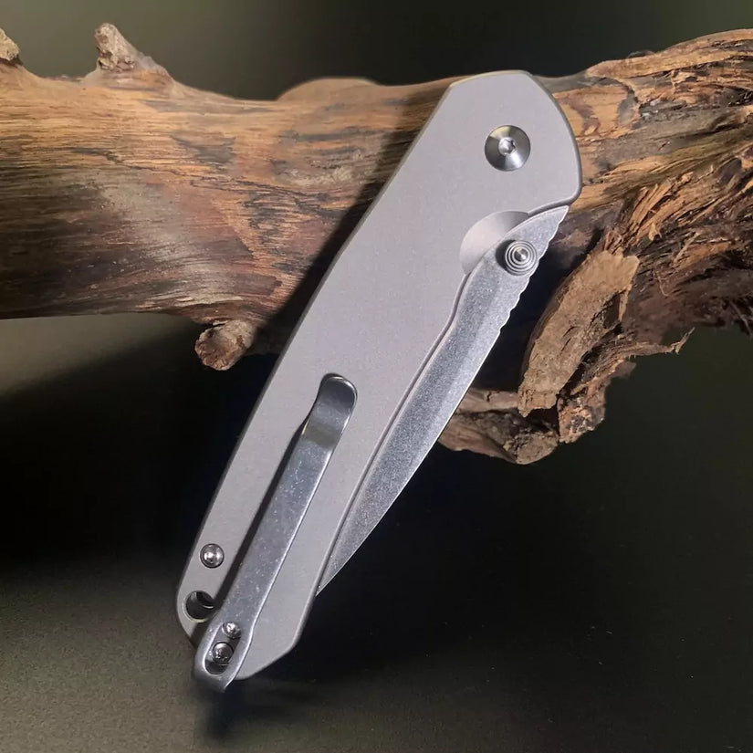 CJRB Pyrite Titanium - 3.11" AR-RPM9 Stonewash Drop Point Blade, Titanium Handles - J1925T-AR