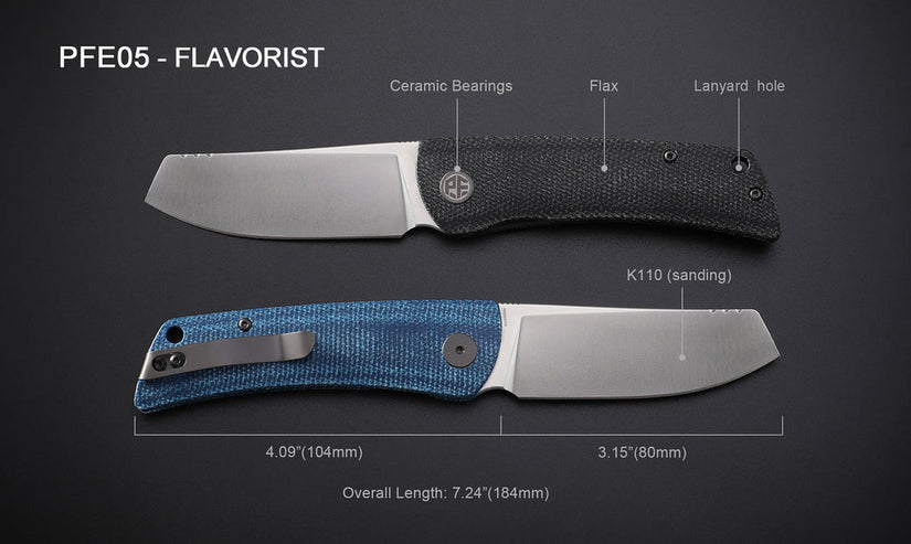 Petrified Fish Flavorist PFE05DMP - 3.15" K110 Satin Cleaver Blade, Black Micarta Handle, Front Flipper