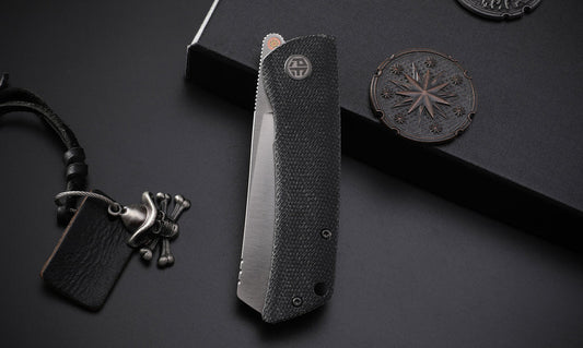 Petrified Fish Flavorist PFE05DMP - 3.15" K110 Satin Cleaver Blade, Black Micarta Handle, Front Flipper