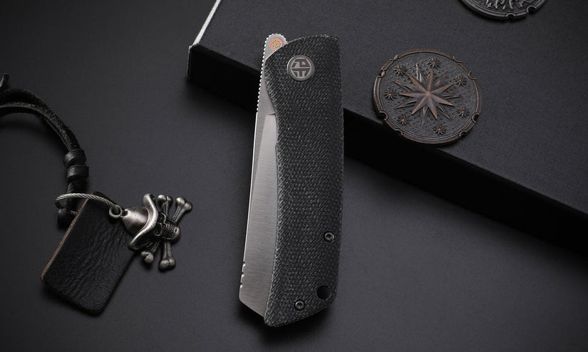 Petrified Fish Flavorist PFE05DMP - 3.15" K110 Satin Cleaver Blade, Black Micarta Handle, Front Flipper