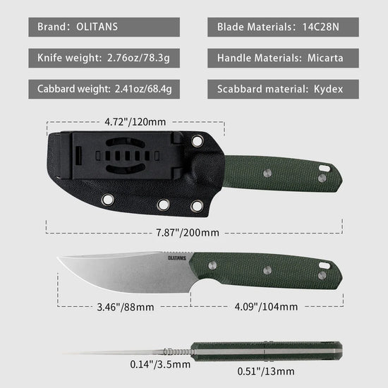Olitans Fixed Blade G063 - 3.46" 14C28N Stonewashed Blade, Green Micarta Handle