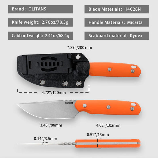 Olitans Fixed Blade G063 - 3.46" 14C28N Stonewashed Blade, Orange G10 Handle