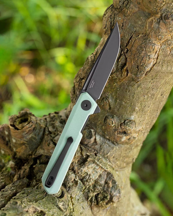 Bestechman Mini Dundee BMK03G - 2.92" D2 Grey DLC Blade, Ice Cream Blue G10, Flipper