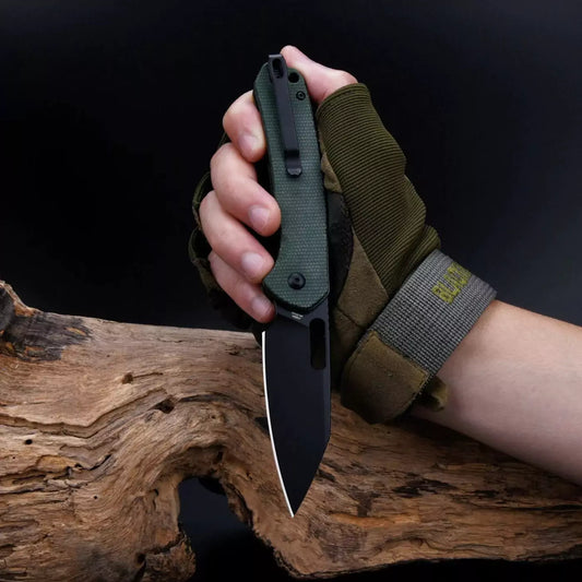 CJRB Pyrite Wharncliffe Green Micarta - 3.11" AR-RPM9 Black Wharncliffe Blade, Green Micarta Handles - J1925ABMGN