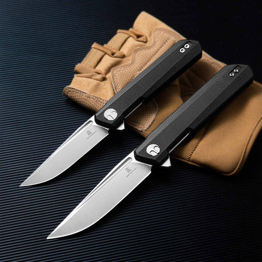 Bestechman Mini Dundee BMK03A - 2.92" D2 Satin Stonewash Blade, Black G10, Flipper