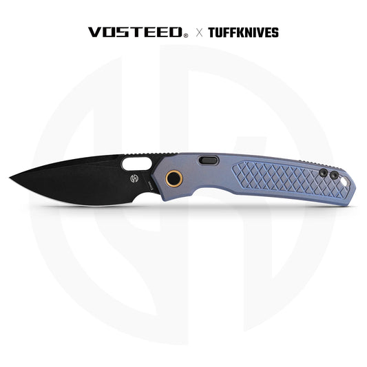 Vosteed Psyop A2205 - 3.32" Elmax Black Stonewash Blade, Blue Titanium Patterned Handle