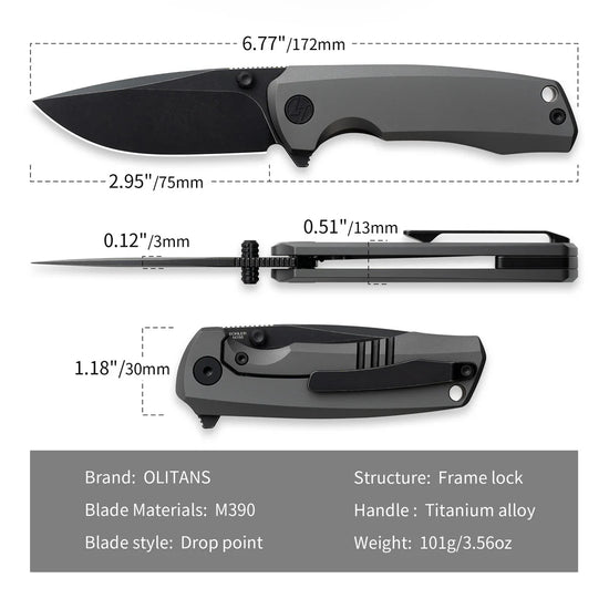 Olitans Bomber T065 - 2.95" M390 Black Stonewashed Blade, Grey Titanium Handle