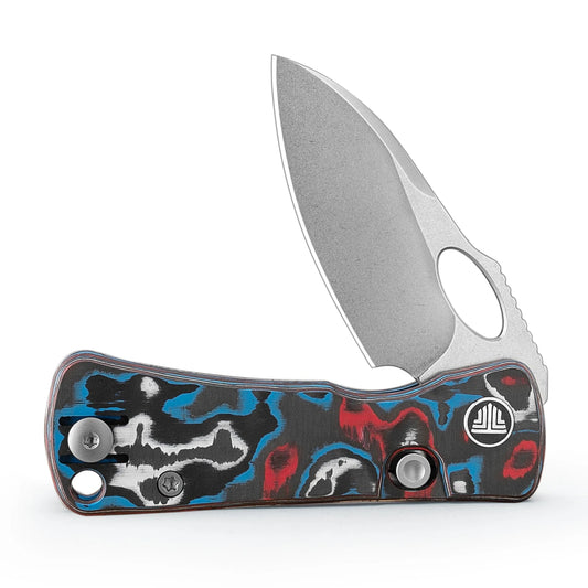 Trivisa Andromeda Pro-RL - 2.3" N690 Stonewashed Blade, Blue/Red/White Fat Carbon Handle